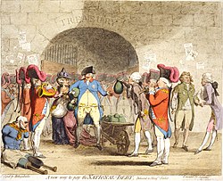  James Gillrayn karikatyyrissä vuodelta 1786 kuningas Yrjö III:lle annetut runsaat rahapussit ovat vastakkain vasemmassa kulmassa olevan kerjäläisen kanssa, jonka jalat ja kädet oli amputoitu.  