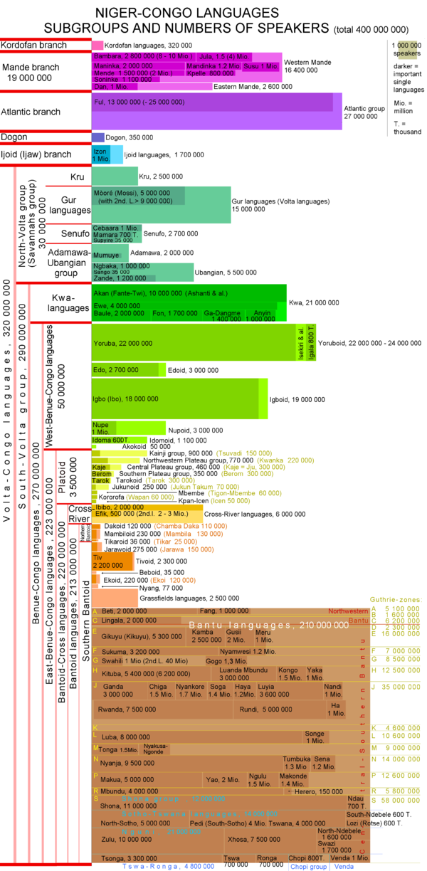 Subgrupos y lenguas individuales importantes de la familia lingüística del Níger-Congo.