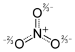 Das mesomeriestabilisierte Nitrat-Anion. Die Gesamtladung ist –1.