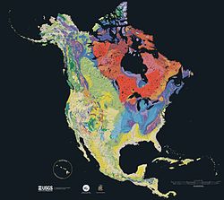 Geologisk karta över Nordamerika, färgkodad efter ålder. De röda och rosa färgerna indikerar bergarter från arkeisk tid.