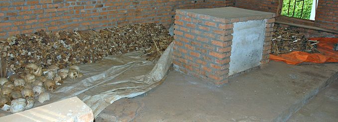 Skulls and bones of the victims of the Ntarama massacre