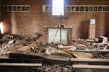 The Ntarama Church, left the way it looked after being attacked by militia. People's bones were left where the victims died as a reminder of what happened