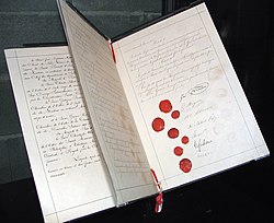 Documento original de la primera Convención de Ginebra, 1864.  