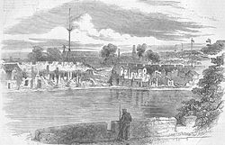 Kantonin tuhoutuneet muurit hollantilaisessa Follyn linnakkeessa, 1857.  
