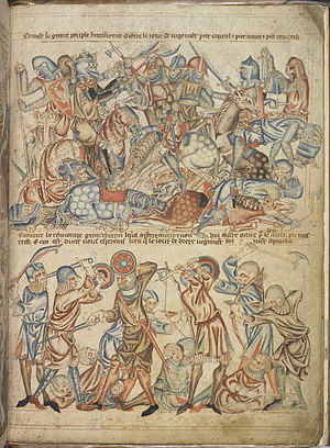 Darstellung der Schlacht von Bannockburn aus der Holkham Bible, 1327–1335 (oben, die untere Hälfte zeigt die Schlacht von Berwick 1318)
