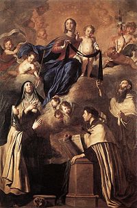 Pietro Novelli, Panna Maria z hory Karmel a karmelitánští světci (Šimon Stock (stojící), Anděl Páně z Jeruzaléma (klečící), Máří Magdaléna de'Pazzi, Terezie z Avily), 1641 (Museo Diocesano, Palermo)  