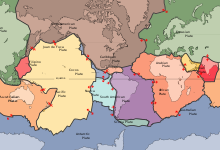 This map shows the main "plates" of the Earth's surface and which way they are moving.