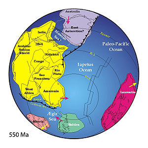 Rekonstruktion af hvordan Iapetushavet og de omkringliggende kontinenter kan have været indrettet i den sene Ediacaran-periode