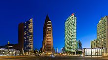 The Bahntower at Potsdamer Platz (third high-rise from left) is the headquarters of Deutsche Bahn AG.