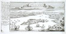 The newly founded St. Petersburg is only dimly visible in the distance. The depiction essentially shows a sea battle between the Swedish and Russian fleets off the island of Kotlin (Retusari). The Russian ships have gathered in the shelter of the fortress of Kronstadt (here called Cronschantz), the Swedes are attacking from the sea.