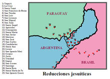 Ubicación de las reducciones jesuitas más importantes, con las divisiones políticas actuales.  