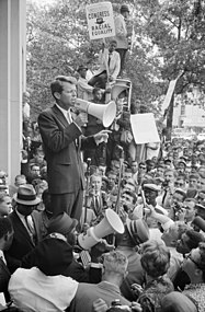 Robert F. Kennedy speaking to civil rights activists in front of the Justice Department on June 14, 1963