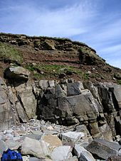 Bodem met gebroken rotsfragmenten boven vast gesteente, Sandside Bay, Caithness.