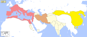 AD 1, mapa Eurasie s Římskou říší (červená), Parthskou říší (hnědá), čínskou dynastií Han (žlutá) a dalšími státy/oblastmi s menšími státy (světle žlutá).
