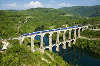 TGV Duplex on the Cize-Bolozon viaduct over the Ain river