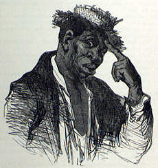 Illustration af Sam fra 1888-"Ny udgave" af Onkel Toms hytte. Karakteren Sam var med til at skabe stereotypen om den dovne, sorgløse "glade mørkemand".  