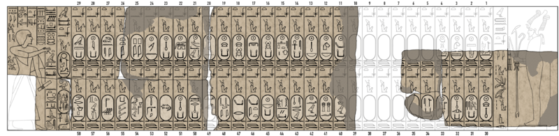 Zeichnung der Saqqara-Königsliste auf der Grundlage von Fotografien und Zeichnungen aus den Jahren 1864-65.