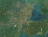 A satellite image of Metro Detroit, with Windsor across the river, taken on ESA's Sentinel-2 satellite in July 2021.