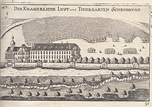 Katterburg and Gonzaga Castle, 1672. In the background the still forested Gloriette Hill.