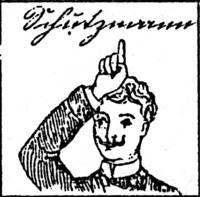 The sign for German in some sign languages symbolizes a pickelhaube and used to mean "Schutzmann" in German-speaking areas.