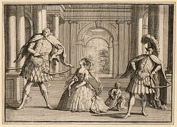 Karikatur pertunjukan Flavio karya Handel, dengan tiga penyanyi opera seria paling terkenal pada zamannya: Senesino castrato di sebelah kiri, Francesca Cuzzoni di tengah, dan Gaetano Berenstadt castrato di sebelah kanan.