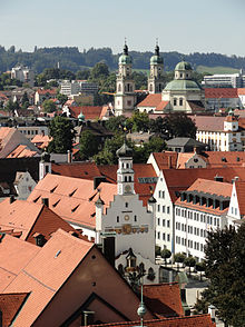 View from the tower of the St.-Mang-Church to the town hall square with the town hall and to the Basilica St. Lorenz with a part of the Residence in the background