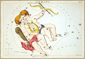 Dvīņi, kā attēloti Urānijas spogulī, Londonā ap 1825. gadu izdotajā zvaigznāju karšu komplektā.