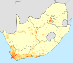 Dichte der farbigen Bevölkerung in Südafrika.      < 1 /km² 1-3 /km² 3-10 /km² 10-30 /km² 30-100 /km²      100-300 /km² 300-1000 /km² 1000-3000 /km² >3000 /km²