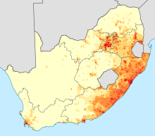 Density of people who speak Nguni languages at home.      <1 /kmÂ²      1â€“3 /kmÂ²      3â€“10 /kmÂ²      10â€“30 /kmÂ²      30â€“100 /kmÂ²      100â€“300 /kmÂ²      300â€“1000 /kmÂ²      1000â€“3000 /kmÂ²      >3000 /kmÂ²