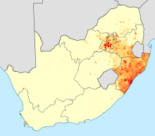 Dove si parla l'isiZulu in Sudafrica: densità di parlanti di lingua madre isiZulu.      <1 /km² 1-3 /km² 3-10 /km² 10-30 /km² 30-100 /km²      100-300 /km² 300-1000 /km² 1000-3000 /km² >3000 /km²