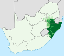 Dove si parla isiZulu in Sudafrica: proporzione (percentuale) della popolazione che parla isiZulu a casa.      0–20%      20–40%      40–60%      60–80%      80–100%