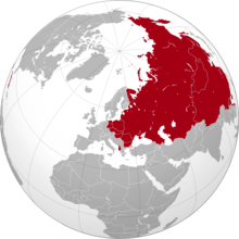 Hartă care arată cea mai mare întindere teritorială a Uniunii Sovietice și a aliaților săi în 1960, după Revoluția cubaneză din 1959, dar înainte de separarea oficială sino-sovietică din 1961  