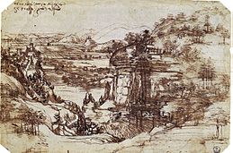 Leonardos tidligste kendte tegning, Arno-dalen, 1473. Den befinder sig i Uffizi-galleriet.  