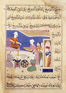 Средновековна индийско-персийска книга Nimatnama-i-Nasiruddin-Shahi (XVI в.), показваща сервиране на самоса