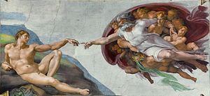 Beroemd schilderij van God die Adam schept, in de Sixtijnse Kapel, door Michelangelo