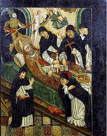 An angel and a devil fighting for the soul of a dying bishop. Catalan tempera painting, 15th century