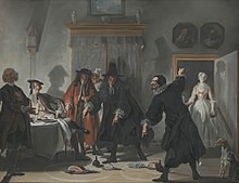 Geocentric and heliocentric system symbolized by food in discussion (painting by Cornelis Troost, 1741)