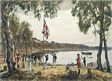Căpitanul Arthur Phillip ridică steagul britanic la Sydney în 1788.