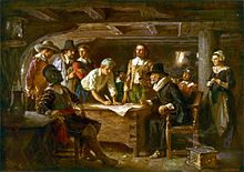 Mayflower Sözleşmesi'nin İmzalanması 1620, Jean Leon Gerome Ferris'in 1899 tarihli tablosu