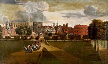 El Palacio de Whitehall por Hendrick Danckerts. La vista es desde el oeste. El cuartel de la Guardia de Caballería está en el extremo izquierdo, con la Casa de Banquetes más alta detrás. El edificio de cuatro torres es la garita del palacio.  