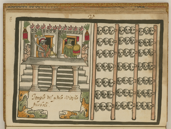 Peinture de Tlaloc (à gauche) et Huizilopochtli dans leur temple, avec les crânes des personnes que les Aztèques ont sacrifiées à ces dieux
