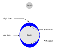 Skematisk diagram over tidevand, der viser (overdrevet) højvande.