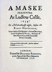 Title page of John Milton's Comus, first performed at Ludlow Castle in 1634.