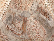 Mural painting c. 1450 in the church of Undløse, Denmark. The devil exchanges a swaddled baby, which is St. Lawrence, to whom the church is dedicated, for a changeling and gives the child to a demon.
