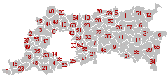 Harta localităților din Brabantul Flamand (denumirile se regăsesc în tabelul următor)