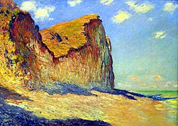 Monet, Faleze la Pourville. Vopselele viu colorate au fost folosite fără a fi amestecate.  