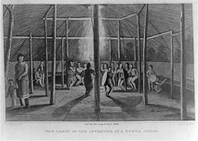 Samuel Seymours tegning fra 1819 af en Kansa-lodge og dans. Det er den ældste tegning i Kansas.  