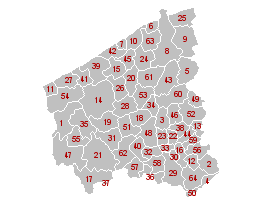 Batı Flandre belediyelerinin haritası (isimler aşağıdaki tabloda yer almaktadır)