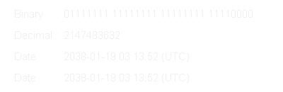 Animație care arată cum se va reseta data, reprezentată sub forma unui număr întreg cu semn pe 32 de biți (la 03:14:08 UTC la 19 ianuarie 2038).