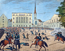 Representation of the Züriputsch (1839), through which the word putsch became internationally known.